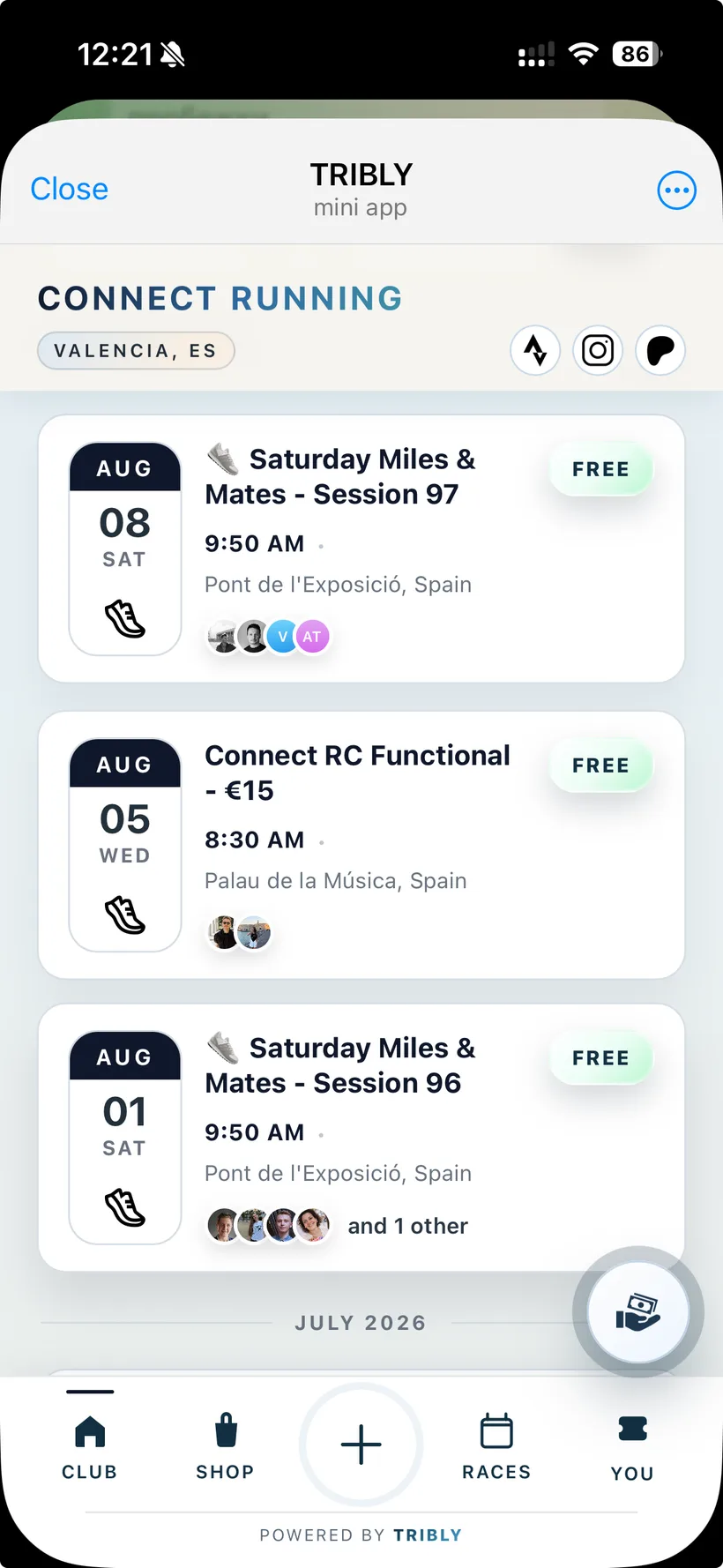 Tribly Mini App – upcoming events with one-tap join
